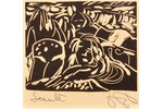 Паулюкс Янис (1906-1984), "На пляже", 50-е годы 20го века, бумага, линогравюра, 17x14 см...