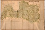 "Latvijas karte, ar attālumiem kilometros uz šosejām un lielceļiem un pilnīgu vietu vārdu sarakstu",...