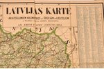 "Latvijas karte, ar attālumiem kilometros uz šosejām un lielceļiem un pilnīgu vietu vārdu sarakstu",...