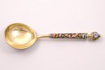 spoon, silver, 84 standard, 125.10 g, gilding, painted enamel, 20 x 6.2 cm, by Ivan Saltykov, 1899-1...