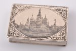 snuff-box, silver, Kremlin, 84 standard, 127.15 g, engraving, niello enamel, 9.45 x 6.67 x 2 cm, 188...