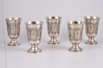 комплект из 5 бокалов, серебро, 84 проба, штихельная резьба, 1874 г., 352.55 г, Российская империя...