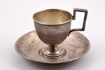 tea pair, silver, 84 standart, engraving, 1895, 74.65+75.20 g, Moscow, Russia, Ø (saucer) 12.2 cm, h...