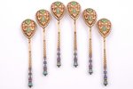 set of 6 spoons, silver, 84 standart, gilding, painted enamel, 1899-1908, 95.15 g, Moscow, Russia, 1...