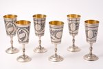 set of 6 little glasses, silver, 875 standart, gilding, niello enamel, 1969, 367.75 g, the artistic...