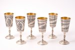 set of 6 little glasses, silver, 875 standart, gilding, niello enamel, 1969, 367.75 g, the artistic...