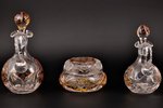 a set of 2 carafes and candy-bowl, colored crystal, the 1st half of the 20th cent., h 19.5 , Ø 10.1...