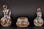a set of 2 carafes and candy-bowl, colored crystal, the 1st half of the 20th cent., h 19.5 , Ø 10.1...