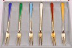 set of lemon forks, silver, 6 pcs, 925 standard, 45.40 g, enamel, gilding, 11 cm, Great Britain, ena...