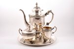 service: sugar-bowl, coffeepot, cream jug, tray, silver, 875 standart, silver stamping, the 30ties o...