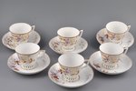 set of 6 tea pairs, hand painted, porcelain, M.S. Kuznetsov manufactory, Riga (Latvia), 1872-1887, Ø...