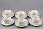 set of 6 coffee pairs, porcelain, I. E. Kuznetsov Plant on Volkhov, Russia, 1913-1918, Ø (plate) 11....