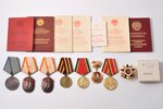 set of awards, with certificates, medal For Courage № 2595139; Badge of Honour № 94572; Badge of Hon...
