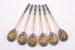 set of 6 spoons, silver, 84 standart, gilding, cloisonne enamel, 1908-1916, 142.40 g, Moscow, Russia...