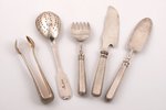 flatware set, silver, 5 items, sugar tongs, fish fork, fish knife, powdered sugar spoon, confectione...
