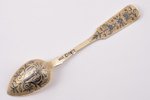 spoon, silver, 84 standard, 21.10 g, engraving, niello enamel, gilding, 14.2 cm, 1839, Moscow, Russi...