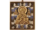 ikona, Svētais Nikolajs Brīnumdarītājs, vara sakausējuma, 3-krāsu emalja, Krievijas impērija, 19. un...