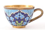 coffee pair, with a spoon, silver, 916 standart, gilding, cloisonne enamel, painted over enamel, 196...