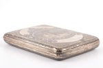 cigarette case, silver, 875 standard, 166.40 g, engraving, niello enamel, 10.6 x 8 x 1.8 cm, 1934, M...
