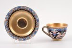 tea pair, silver, 916 standard, 205.10 g, cloisonne enamel, gilding, painted enamel, h (cup) 5.4 cm,...