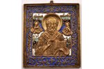 ikona, Svētais Nikolajs Brīnumdarītājs, vara sakausējuma, 4-krāsu emalja, Krievijas impērija, 19. un...