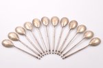 set of teaspoons, silver, 12 pcs, 84 standard, 219.85 g, engraving, gilding, 14.2 cm, Levin Stepan K...