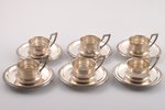6 чайных пар, серебро, модерн, 800 проба, начало 20-го века, 325.85 г, Otto Wolter, Швебиш-Гмюнд, Ге...
