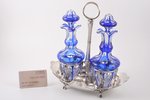 oil and vinegar cruet set, silver, glass, silver weight 566.70, h 25.5 cm, the border of the 17th an...