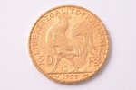 20 franki, 1908 g., zelts, Francija, 6.45 g, Ø 21.2 mm, AU, XF, 900 prove...