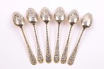 set of teaspoons, silver, 6 pcs, 875 standard, 165.60 g, niello enamel, gilding, 13.9 cm, The "Sever...
