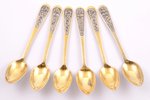 set of teaspoons, silver, 6 pcs, 875 standard, 165.60 g, niello enamel, gilding, 13.9 cm, The "Sever...