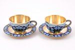 2 tea pairs, silver, 916 standart, gilding, cloisonne enamel, 1966, 354.80 g, Leningrad Jewelry Fact...