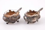 set for spices, silver, 2 salt cellars with spoons, 950 standard, silver weight 52.45, with a glass...