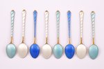 set of mocca spoons, silver, 8 pcs., 925 standard, 72.15 g, enamel, gilding, 9.4 cm, Denmark, in a b...
