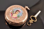 kabatas pulkstenis, ar atslēdziņu, Šveice, 19. un 20. gadsimtu robeža, zelts, metāls, emalja, 9 K pr...