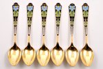 set of teaspoons, silver, 6 pcs., 916 standard, 137.35 g, cloisonne enamel, gilding, 14.4 cm, Lening...