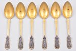 set of soup spoons, silver, 6 items, 875 standard, 471.10 g, niello enamel, gilding, 20.3 cm, artel...