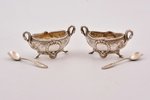 set for spices, silver, 2 salt cellars with glass and 2 spoons, 950 standard, silver weight 39.50, s...