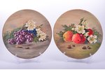 a pair of wall plates, Still life with fruit, ceramics, M.S. Kuznetsov manufactory, hand-painted, Ri...