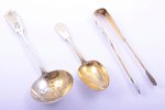 set, sugar tongs, sieve spoon, tea caddy spoon, silver, 84 standard, 59.85 g, engraving, 14.4 / 11.5...