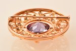 a brooch, gold, 583 standard, 12.35 g., the item's dimensions 3.6 cm, synthetic alexandrite, 1927-19...