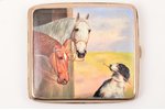 etvija, "Zirgi un suns" gleznojums uz emaljas, metāls, 20. gs., 9.7 x 8.7 x 1.8 cm, svars 161.15 g...