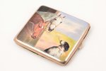 cigarette case, "Horses and a dog" painting on enamel, metal, the 20th cent., 9.7 x 8.7 x 1.8 cm, we...