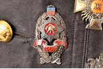 set, Firefighter's jacket with badges, shoulder boards, buttons and firefighter society membership c...