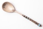 spoon for salt, silver, 84 standard, 6.25 g, cloisonne enamel, 7.1 cm, workshop of Maria Semenova, R...