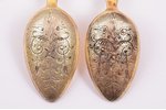 pair of spoons, silver, 84 standard, total weight of items 46.06, niello enamel, gilding, 14.2 cm, 1...