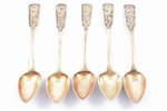 set of 5 teaspoons, silver, 84 standart, engraving, gilding, 1850, 98.85 g, Moscow, Russia, 14.3 cm...