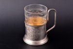 set, tea glass holder with glass and teaspoon, silver, 84 standart, engraving, gilding, spoon - by "...