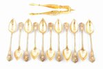 set of 11 teaspoons and sugar tongs, silver, 800 standart, gilding, 218.60 g, France, spoon - 14.9 c...