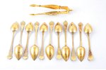 set of 11 teaspoons and sugar tongs, silver, 800 standart, gilding, 218.60 g, France, spoon - 14.9 c...